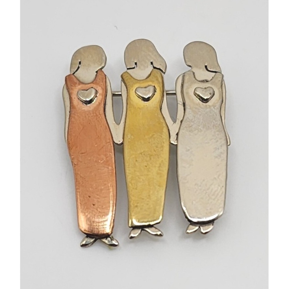 Far Fetched Friends Sisters 3 Women Hearts Love BFFs Signed Pin Brooch Gift